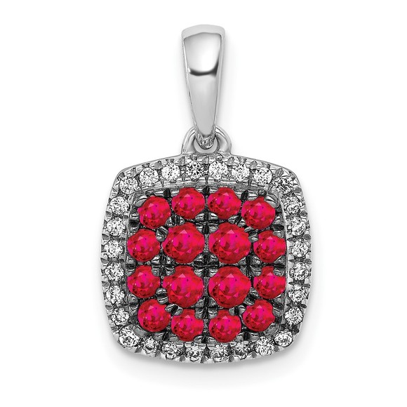 14k White Gold Diamond & Ruby July Birthstone Square Halo Necklace Charm Pendant - Picture 1 of 4